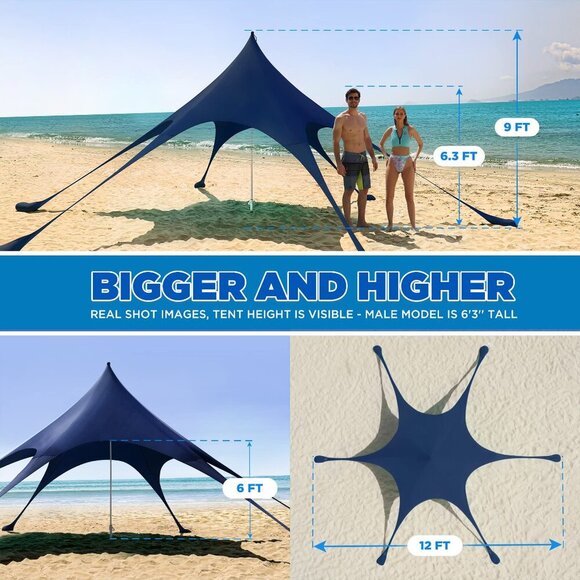 Beach Tent Canopy Sun Shade UPF50+, Easy Pop Up Anti-Wind Sun Shelter - Picture 4 of 8